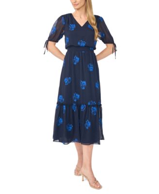 Women's Floral-Print V-Neck Smocked Waist Midi Dress