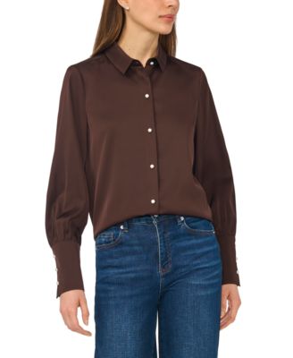Women's Luxe Satin Imitation Pearl Button Down Blouse