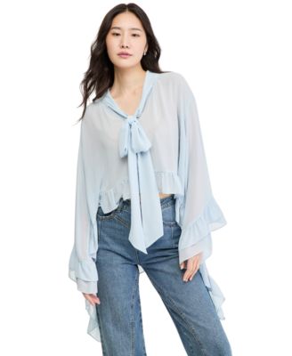 Women's Long-Sleeve Sheer Tie-Neck Blouse