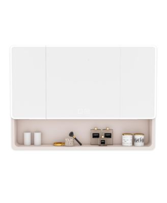 3 Color LED Anti Fog Medicine Cabinet 35 x 28 Inch Aluminium Bathroom Mirror Cabinet with Cosmetic Storage Rack and Hair Dryer Holder