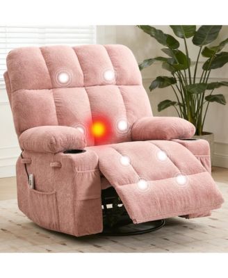 Oversized Swivel Rocker Recliner With Heat and Massage, 8 Vibration Massage Nodes, Lumbar Heat Therapy, Soft Fabric, Cup Holders, For Living Room