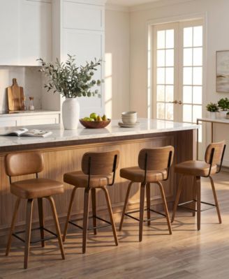 29" Mid-Century Swivel Bar Height Bar Stool, Faux Leather Kitchen Stool