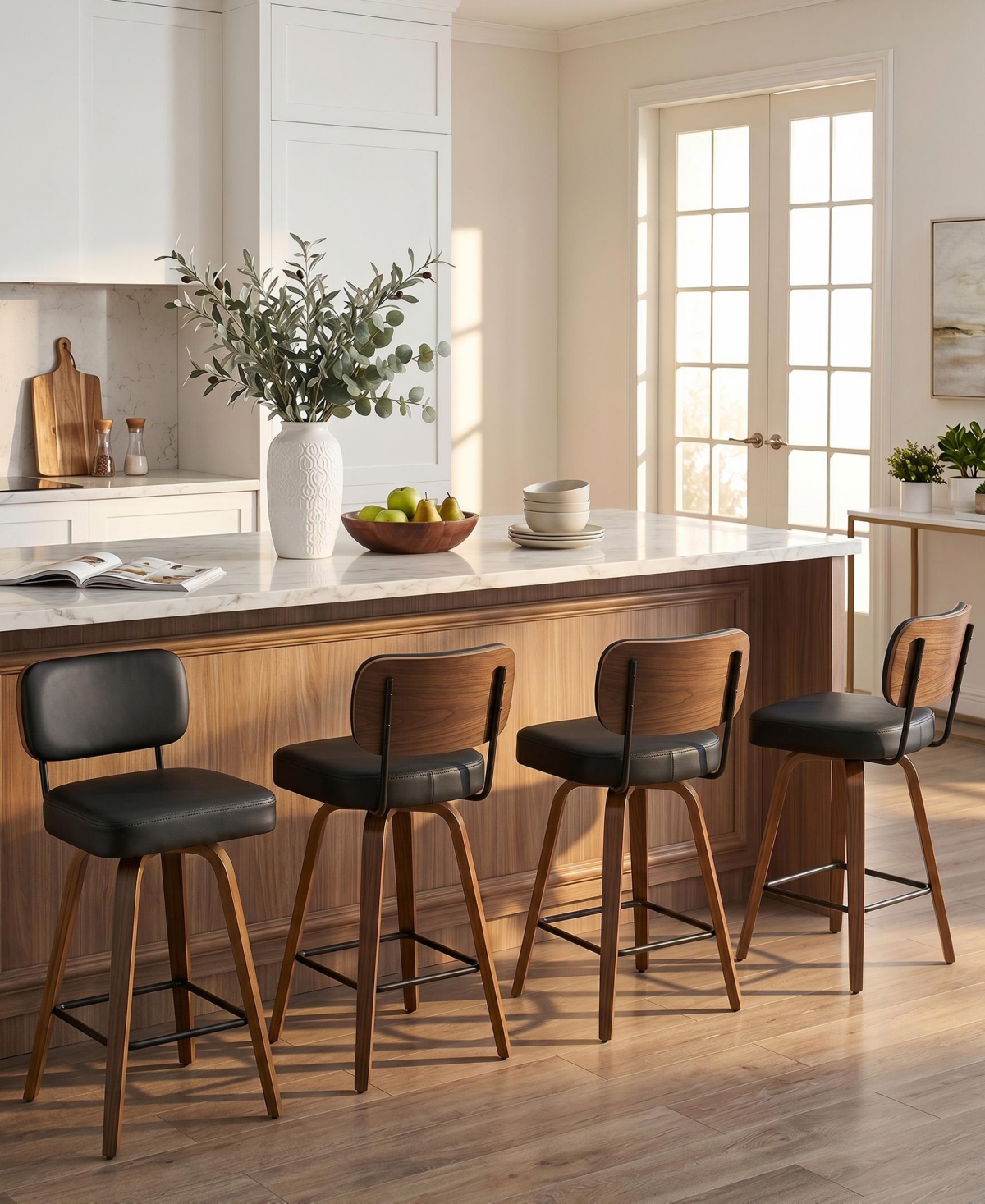 Bekrvio 29" Mid-Century Swivel Bar Height Bar Stool, Faux Leather Kitchen Stool - Pu black