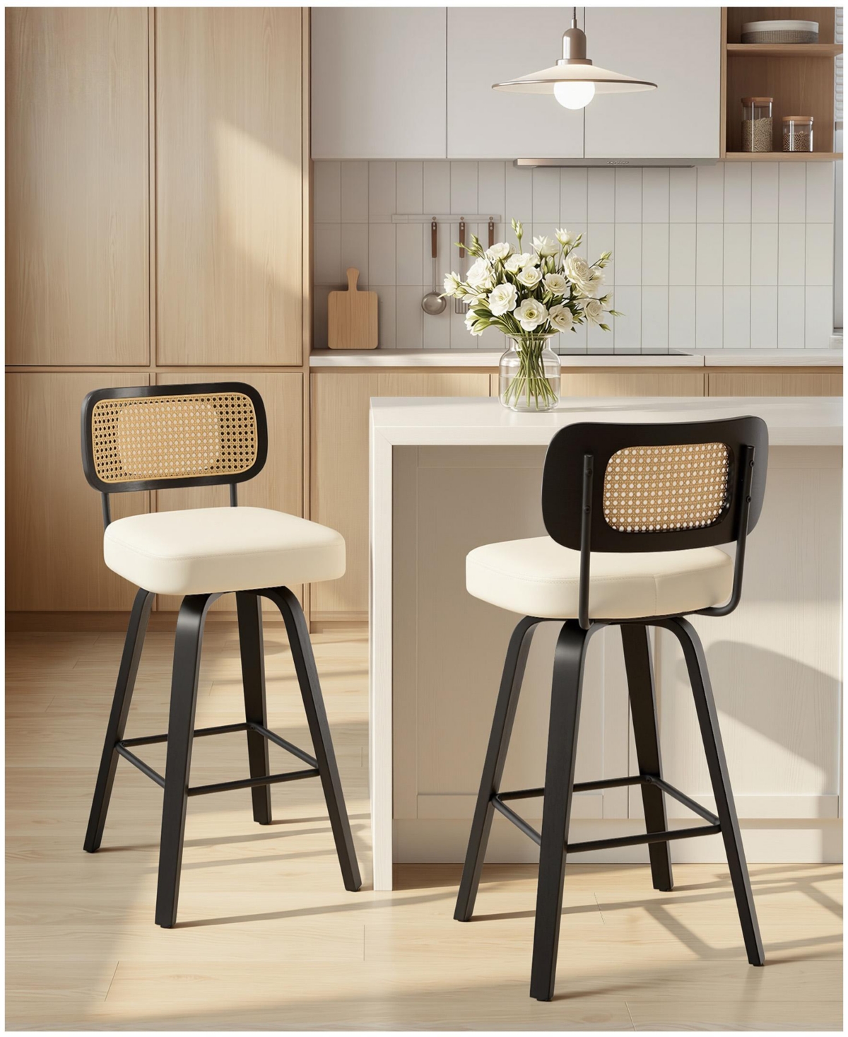 Bekrvio 26" Mid-Century Swivel Counter Height Bar Stools, Rattan Back and Faux Leather Kitchen Stools - Rattan white