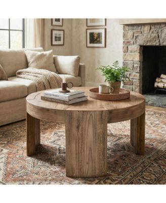  Solid Wood Round Coffee Table, 31.5-Inch Farmhouse Circle Center Cocktail Tea Table