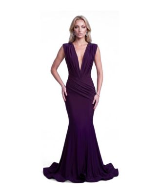 Women's Ruched Plunge Pleated Sleeveless Mermaid Gown