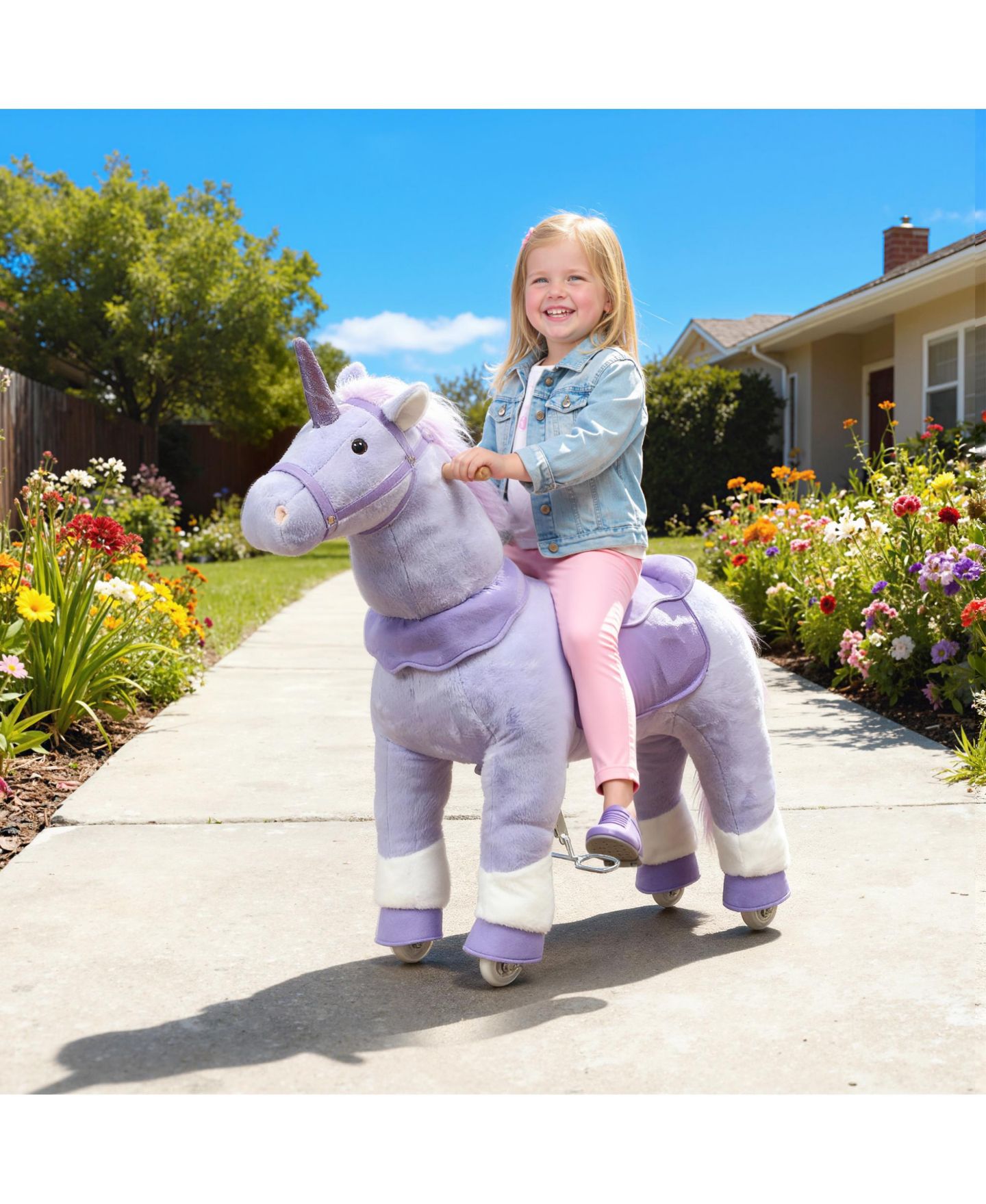 Детская мягкая игрушка Glintex Ride On Unicorn Toy for Kids 4-7, 37.8 in Plush Rocking Horse with Wheels and Pedal Drive, No Batteries Required, цвет: Фиолетовый — фото 2