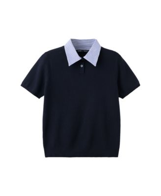 Women's Short-Sleeve Striped Polo Neck Sweater