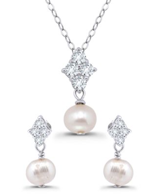 Sterling Silver Cubic Zirconia and Freshwater Pearl Drop Earrings and Pendant Necklace, 2-Piece Set