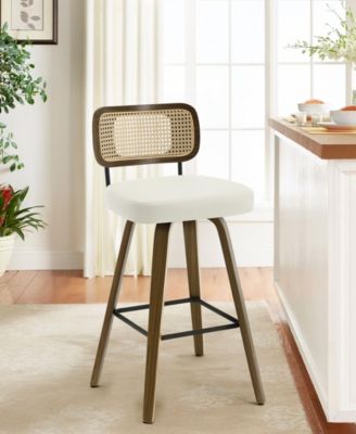 26" Mid-Century Swivel Counter Height Bar Stools, Rattan Back and Faux Leather Kitchen Stools