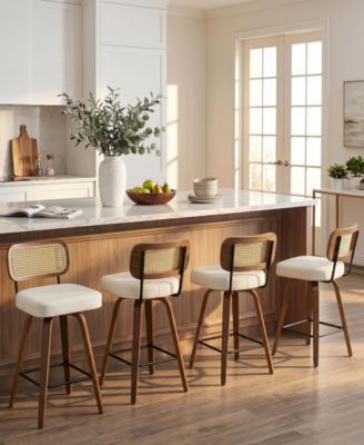 26" Mid-Century Swivel Counter Height Bar Stools, Rattan Back and Faux Leather Kitchen Stools