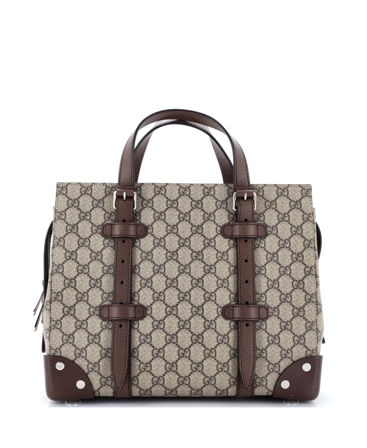 Pre-Owned Gucci Medium Buckle Travel Tote Gg Coated Canvas with Leather - Brown