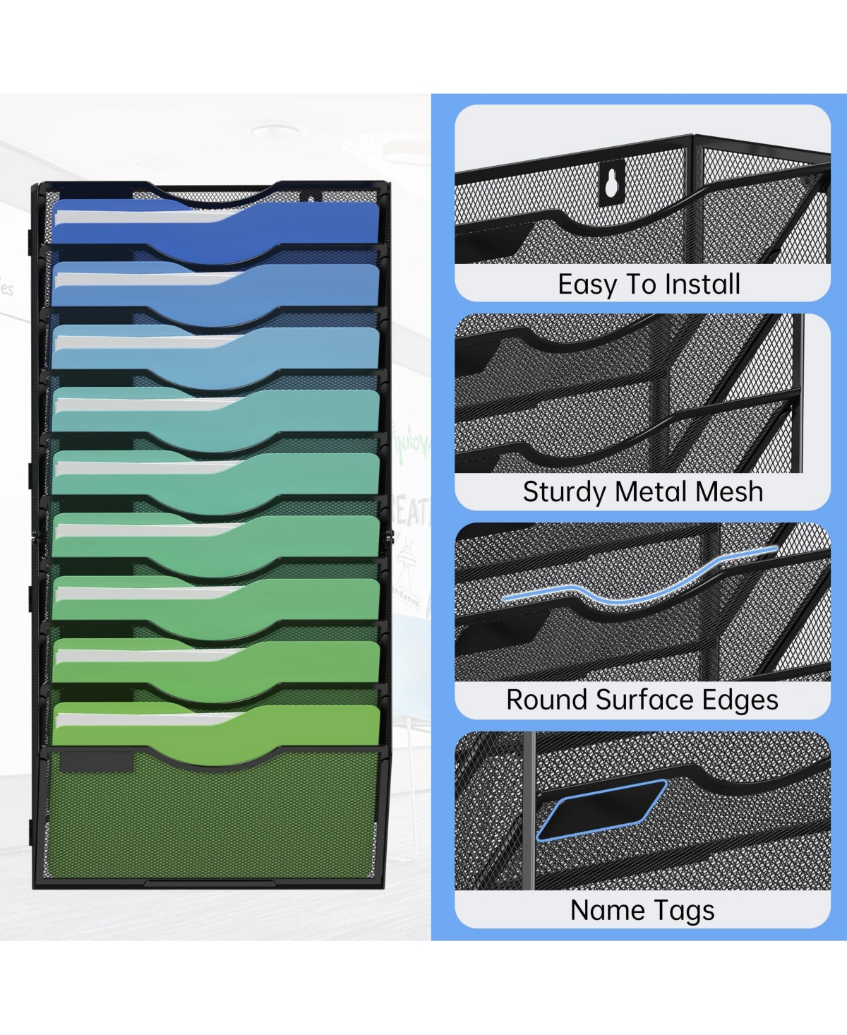 Four Candies Wall File Organizer 5 Vertical Pockets Metal Mounted Holder