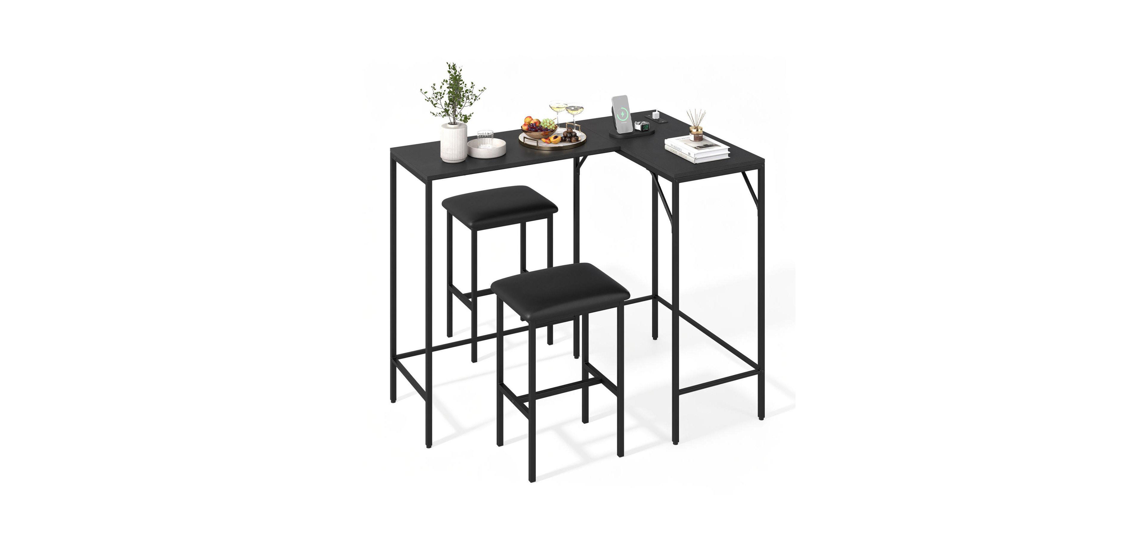 Mecale 3 Piece Convertible L Shaped Kitchen Table Chair Set with 2 Ac Outlets Usb Port and Type C