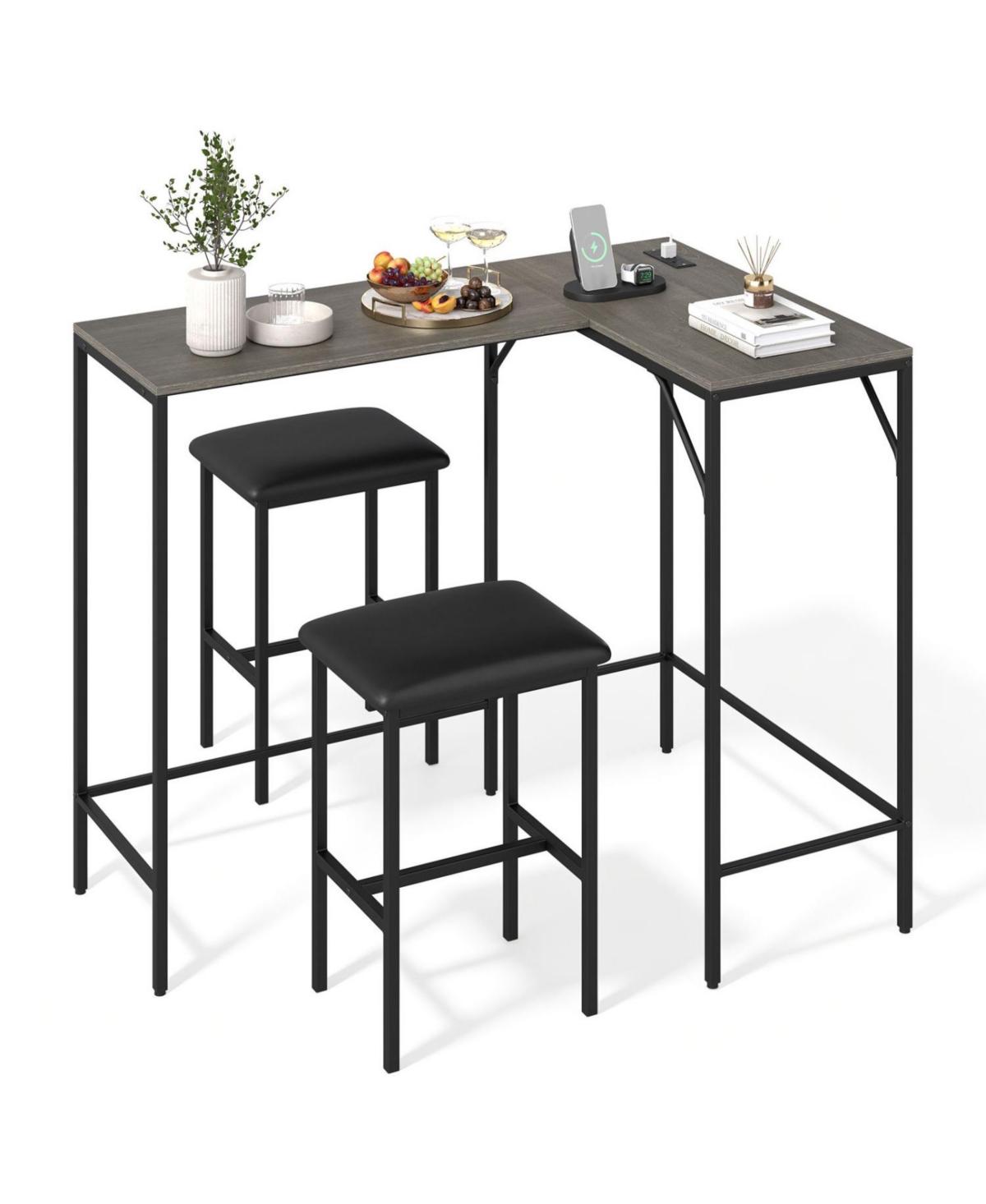 Mecale 3 Piece Convertible L Shaped Kitchen Table Chair Set with 2 Ac Outlets Usb Port and Type C - Gray