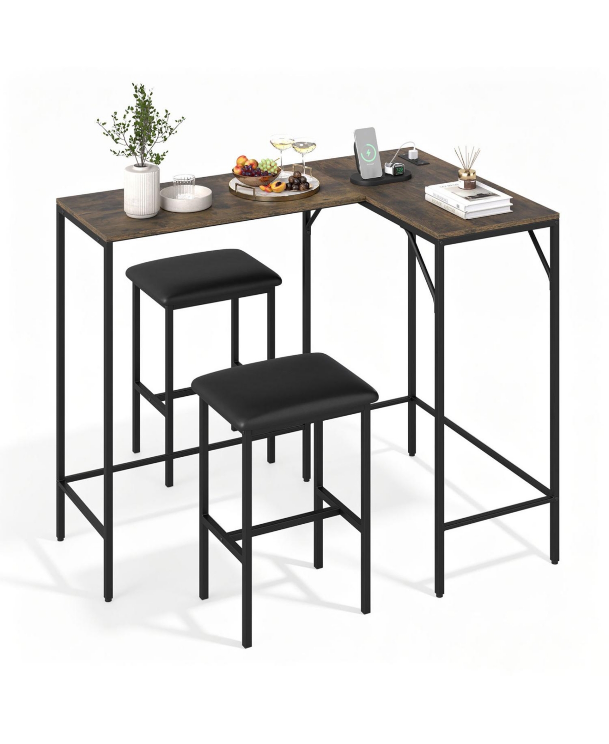 Mecale 3 Piece Convertible L Shaped Kitchen Table Chair Set with 2 Ac Outlets Usb Port and Type C - Rustic brown