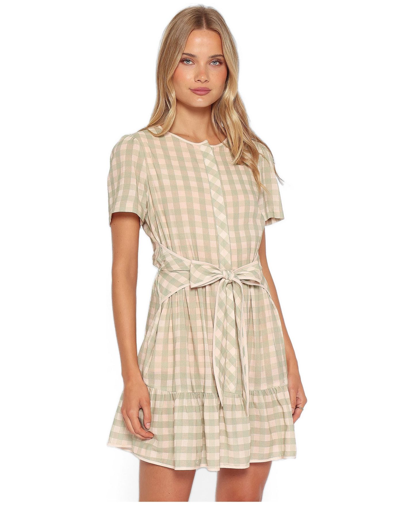 Женское платье Petal and Pup Lorry Tie Front Mini, цвет: Зелёный / Розовый в мелкую клетку — фото 3
