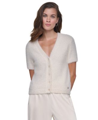 Petite Short-Sleeve Brushed-Knit Fitted Cardigan