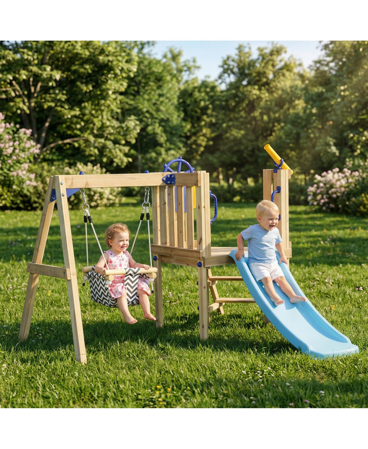Детские игрушки Glintex Wooden Swing Set with Slide, Fort, Captain's Wheel and Telescope, 220 lbs, Ages 1.5-4, цвет: Натуральный — фото 9
