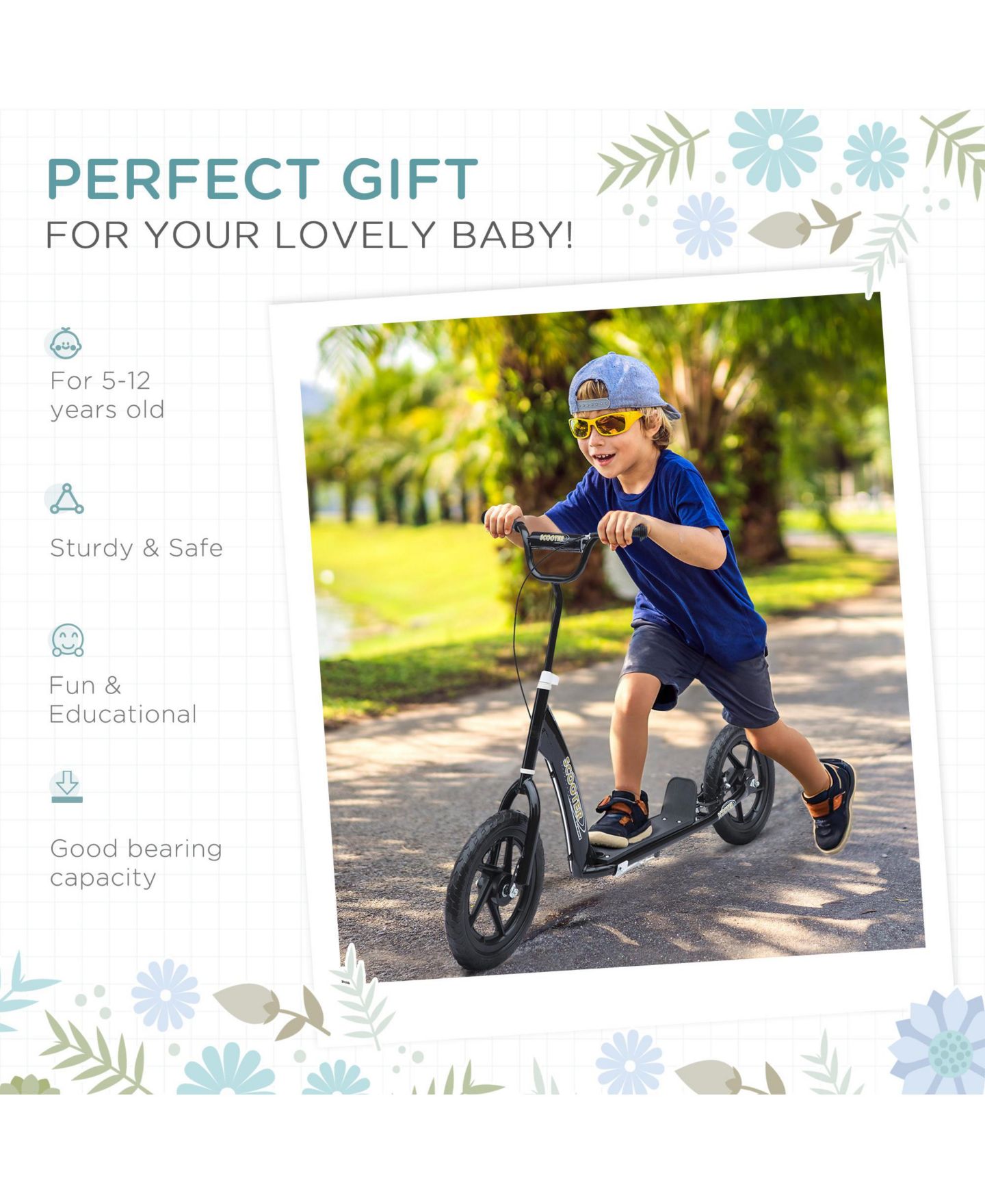 Детская игрушка Glintex Kids Steel Kick Scooter with Adjustable Handlebar and 12" Big Wheels, 110-lb Capacity, Ages 5-12, цвет: Чёрный — фото 4