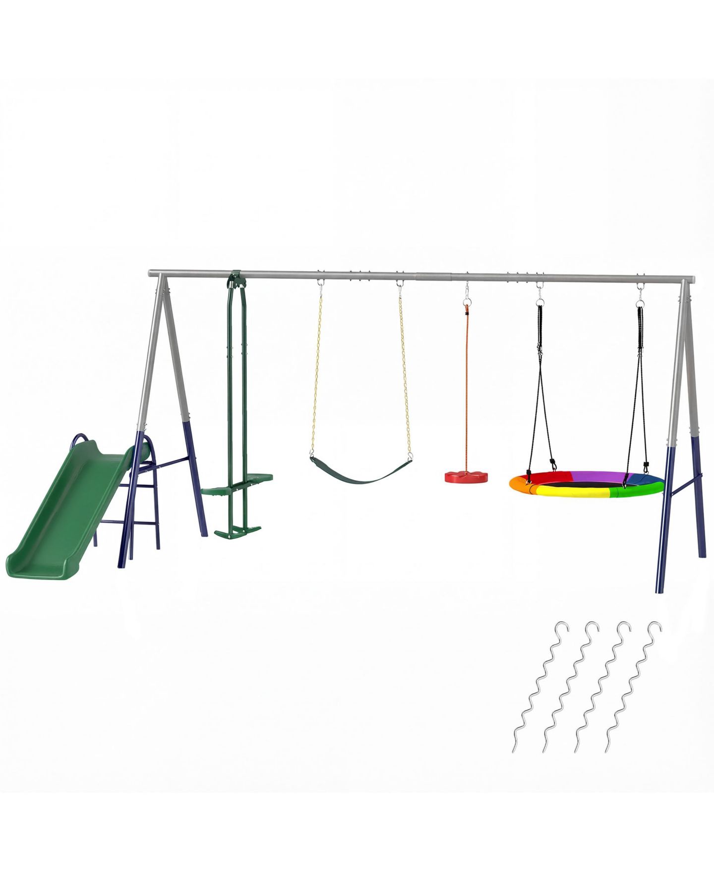 Детские игрушки Glintex 5-in-1 Kids Swing Set with Slide, Nest Swing, Belt Swing, Glider, Standing Swing, Steel A-Frame, 771 lbs Capacity, Ages 3–8, цвет: Разноцветный — фото 10