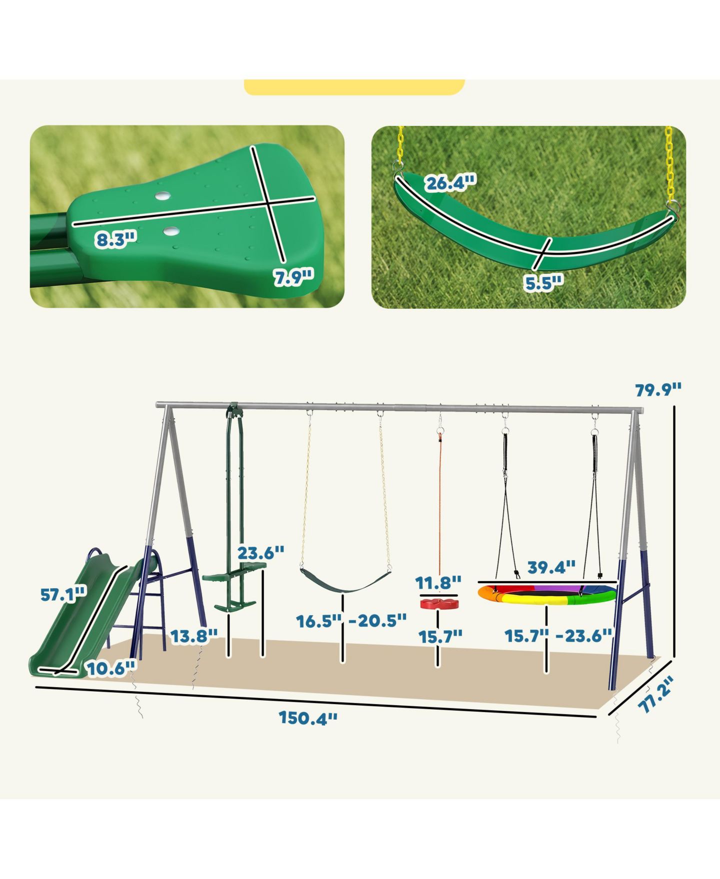 Детские игрушки Glintex 5-in-1 Kids Swing Set with Slide, Nest Swing, Belt Swing, Glider, Standing Swing, Steel A-Frame, 771 lbs Capacity, Ages 3–8, цвет: Разноцветный — фото 3