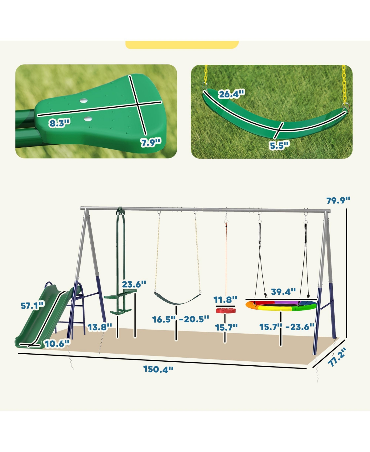 Glintex 5-in-1 Kids Swing Set with Slide, Nest Swing, Belt Swing, Glider, Standing Swing, Steel A-Frame, 771 lbs Capacity, Ages 3–8