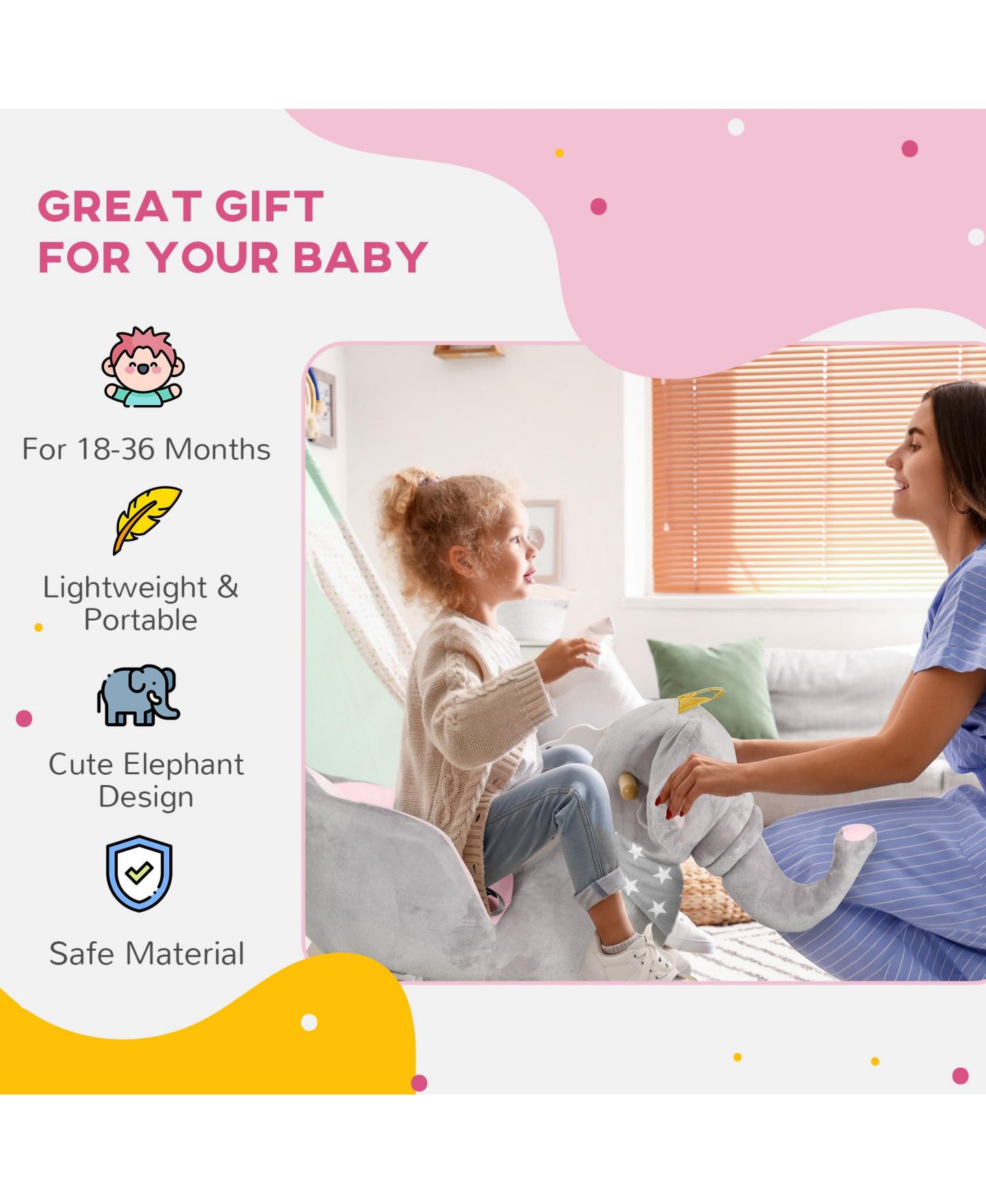 Детская мягкая игрушка Glintex Baby Rocking Elephant Plush Rocking Chair With Sounds, 110 lbs, Ages 1.5-3, цвет: Серый — фото 6