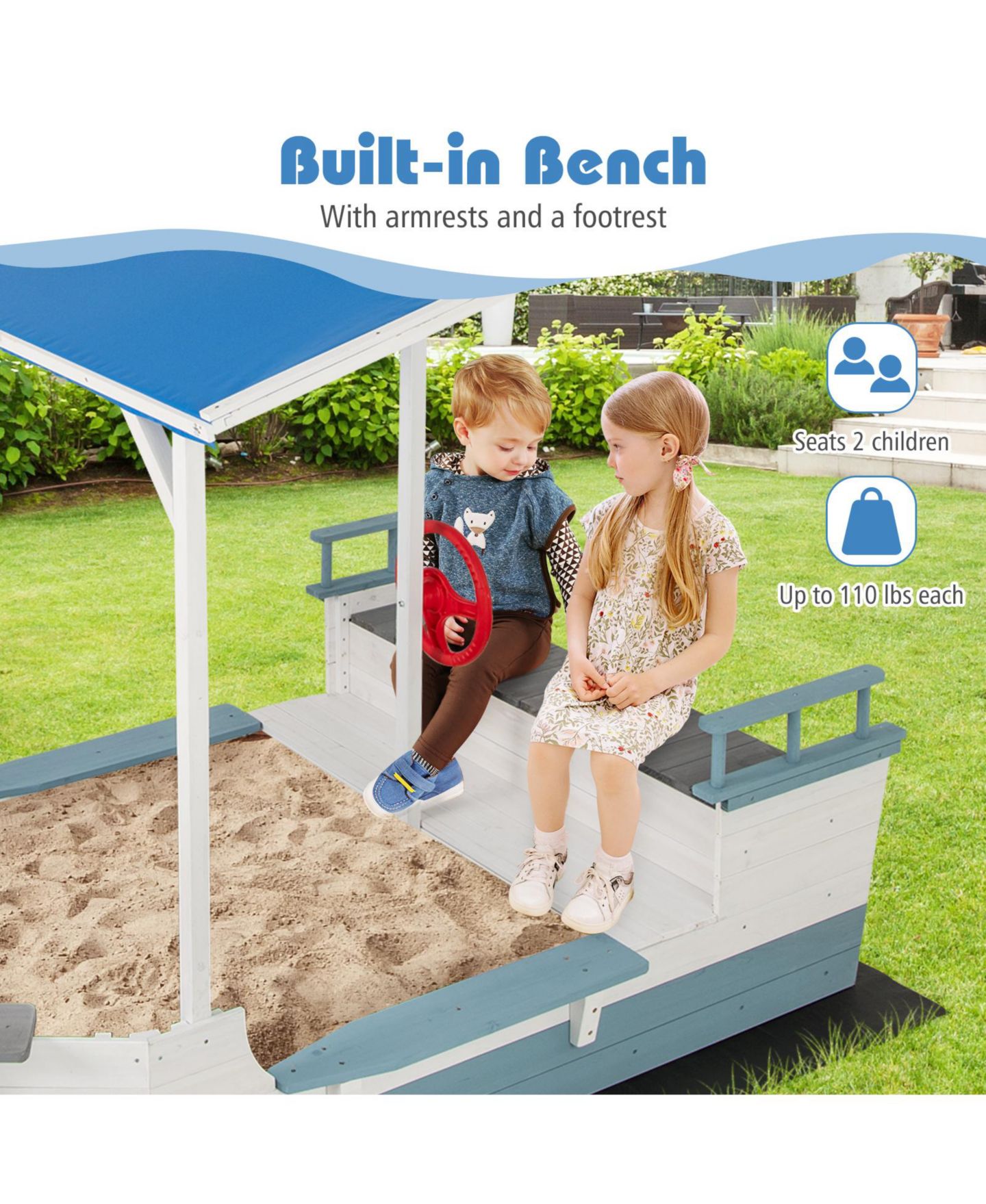 Детская игрушка Glintex Pirate Ship Sand Pit With Canopy & Bench Seats, 86"L x 43"W x 64"H Fir Wood, 440 lb Sand, Ages 3-8, цвет: Белый — фото 2