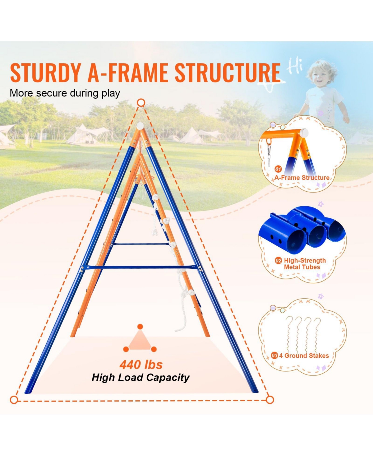 Glintex 6-in-1 Metal A-Frame Swing Set with 2 Swings, Trapeze Bar, Climbing Ladder, Climbing Net & Basketball Hoop, 440 lb Capacity, Ages 3-12