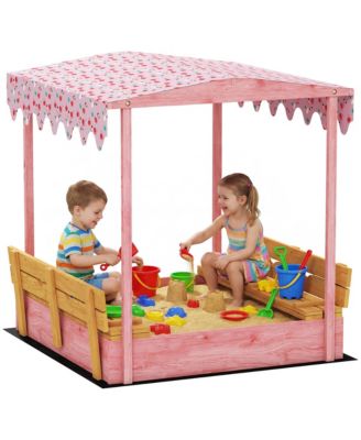Wooden Kids Sandbox with Flamingo Print Canopy and Fold-Down Bench Cover, 53"L x 50.2"W x 51.2"H, Ages 3-6