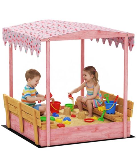 Детская игрушка Glintex Wooden Kids Sandbox with Flamingo Print Canopy and Fold-Down Bench Cover, 53"L x 50.2"W x 51.2"H, Ages 3-6, цвет: Розовый