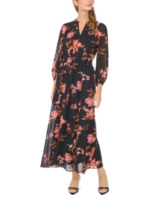 Women's Floral-Print V-Neck Long-Sleeve Maxi Dress
