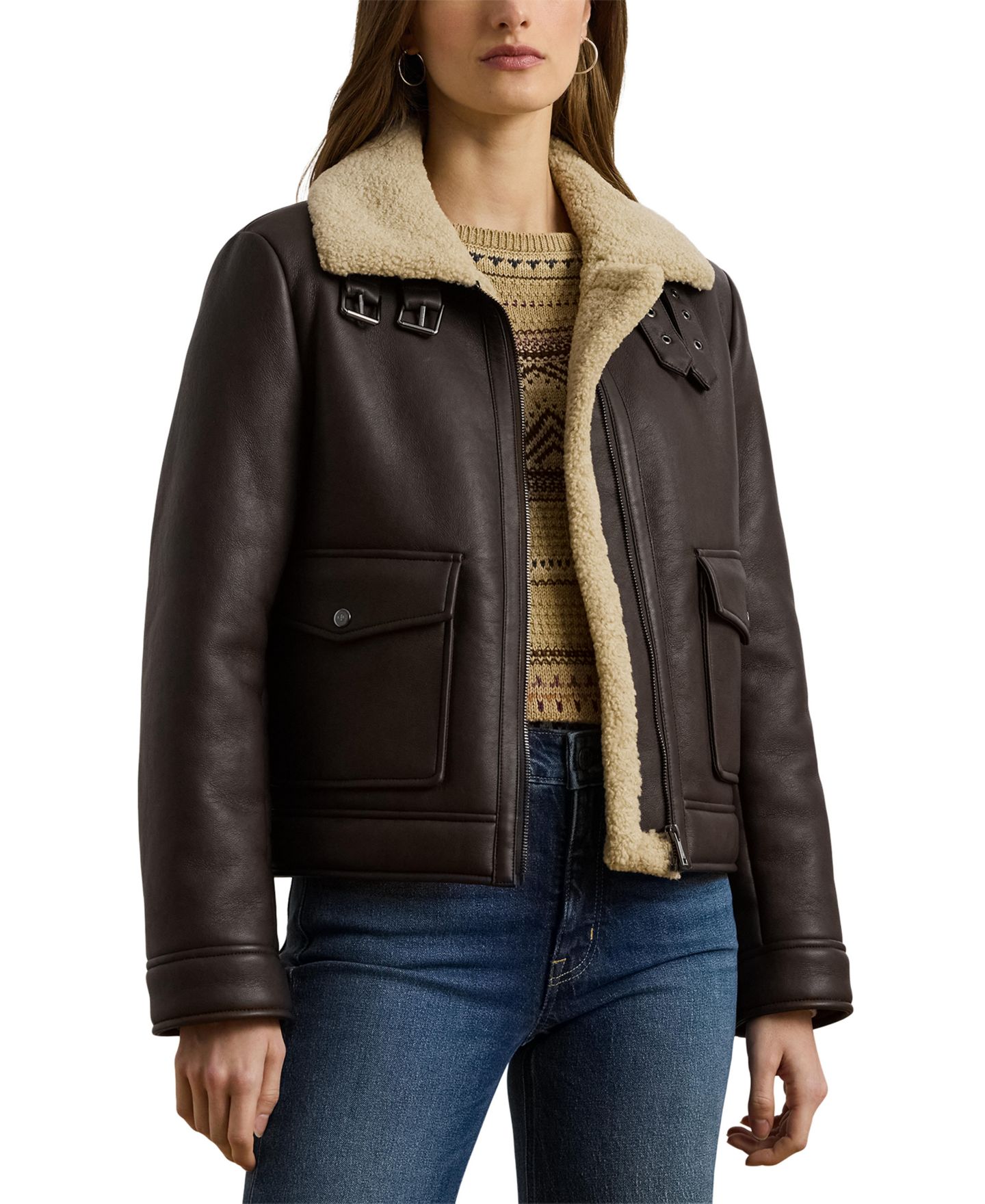 Женская куртка Lauren Ralph Lauren Fleece-Collar Faux-Leather, цвет: Коричневый — фото 1