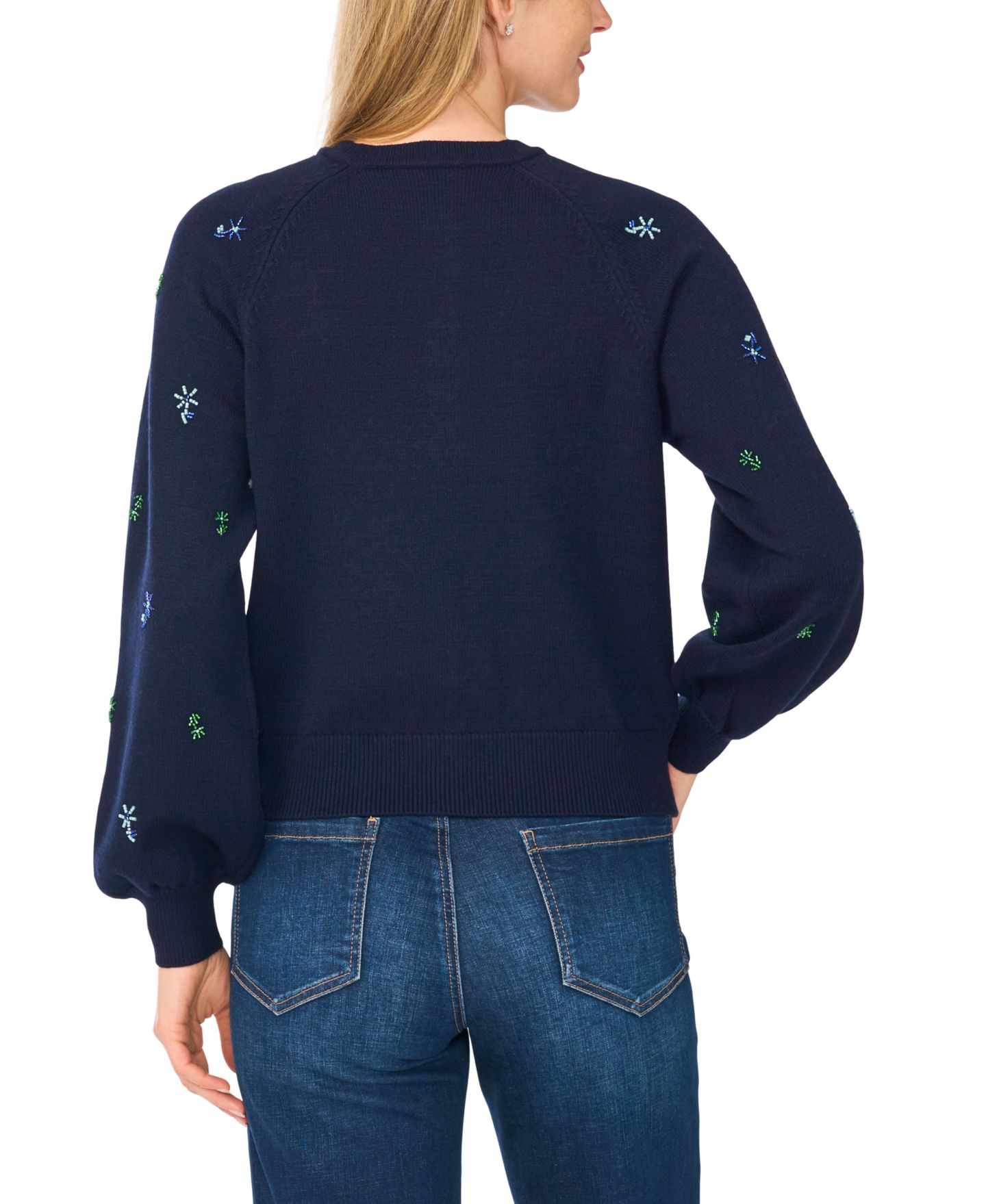 Женский кардиган CeCe Dupraz Bead-Embroidered Crewneck Long-Sleeve Cardigan, цвет: Тёмно-синий — фото 3