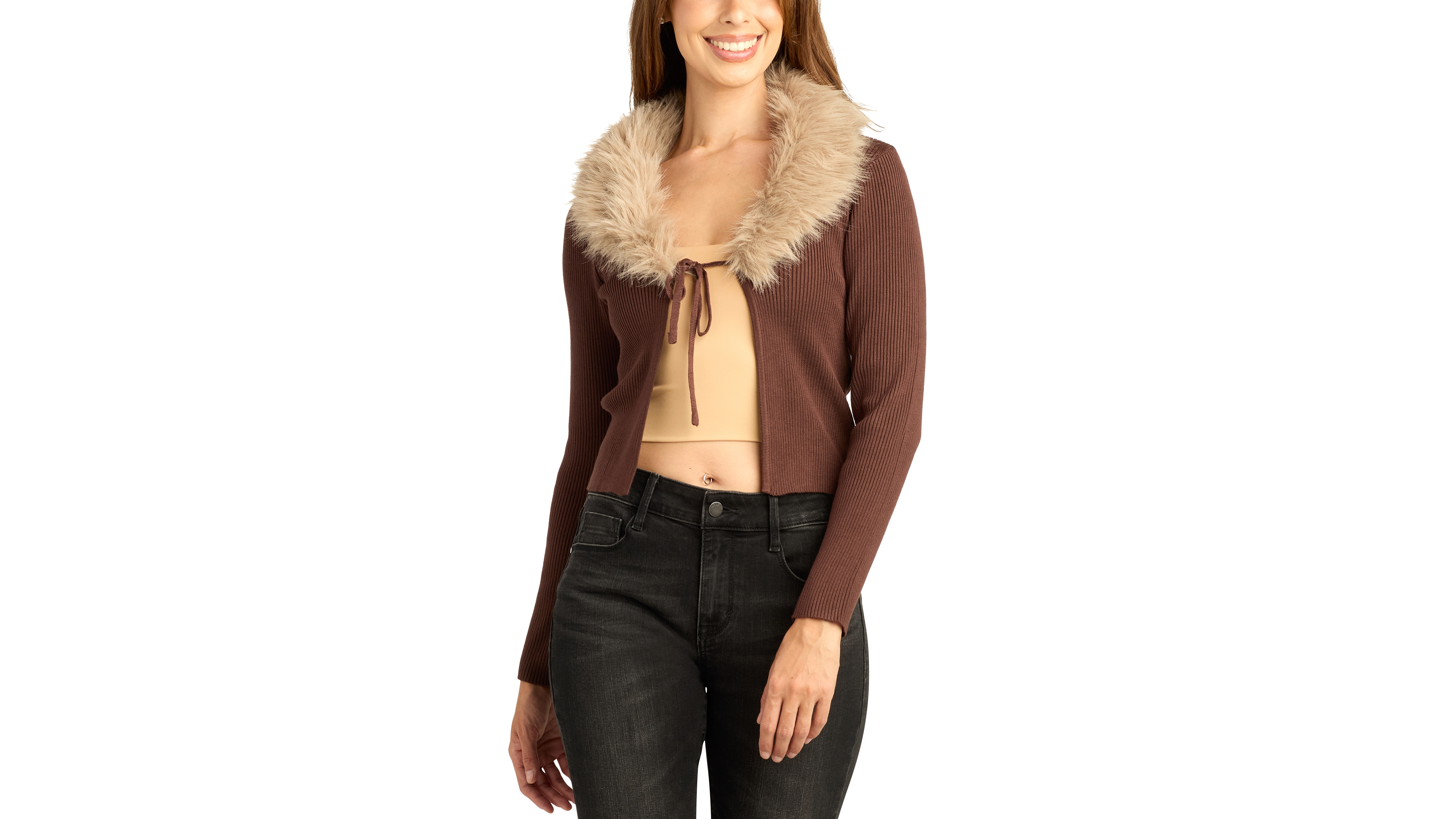 Bcx Juniors' Cropped Tie-Front Faux-Fur Cardigan