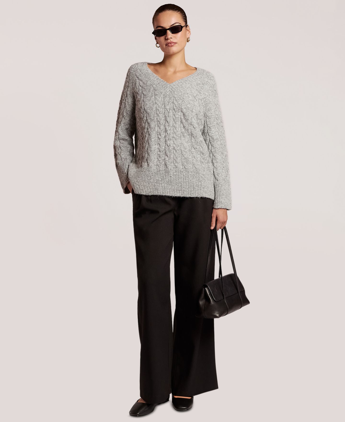 Женский свитер 4th & Reckless Emme Loose Cable-Knit V-Neck, цвет: Серый — фото 3