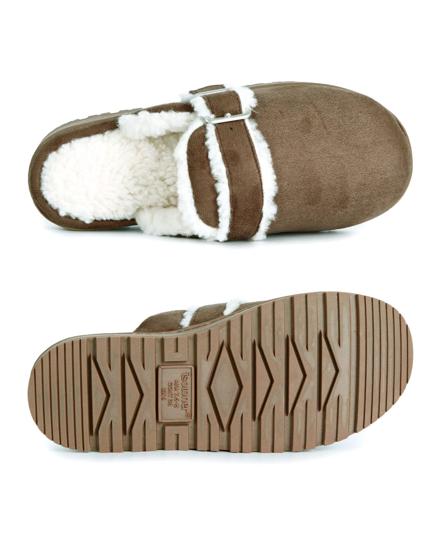 Женские тапочки Isotoner Signature Faux-Suede Buckle Scuff Memory Foam Slippers, цвет: Серо-бежевый — фото 4