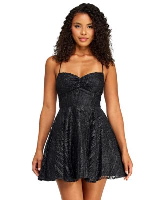 Juniors' Sweetheart Neck Glitter Mesh Lace-Up Back Dress