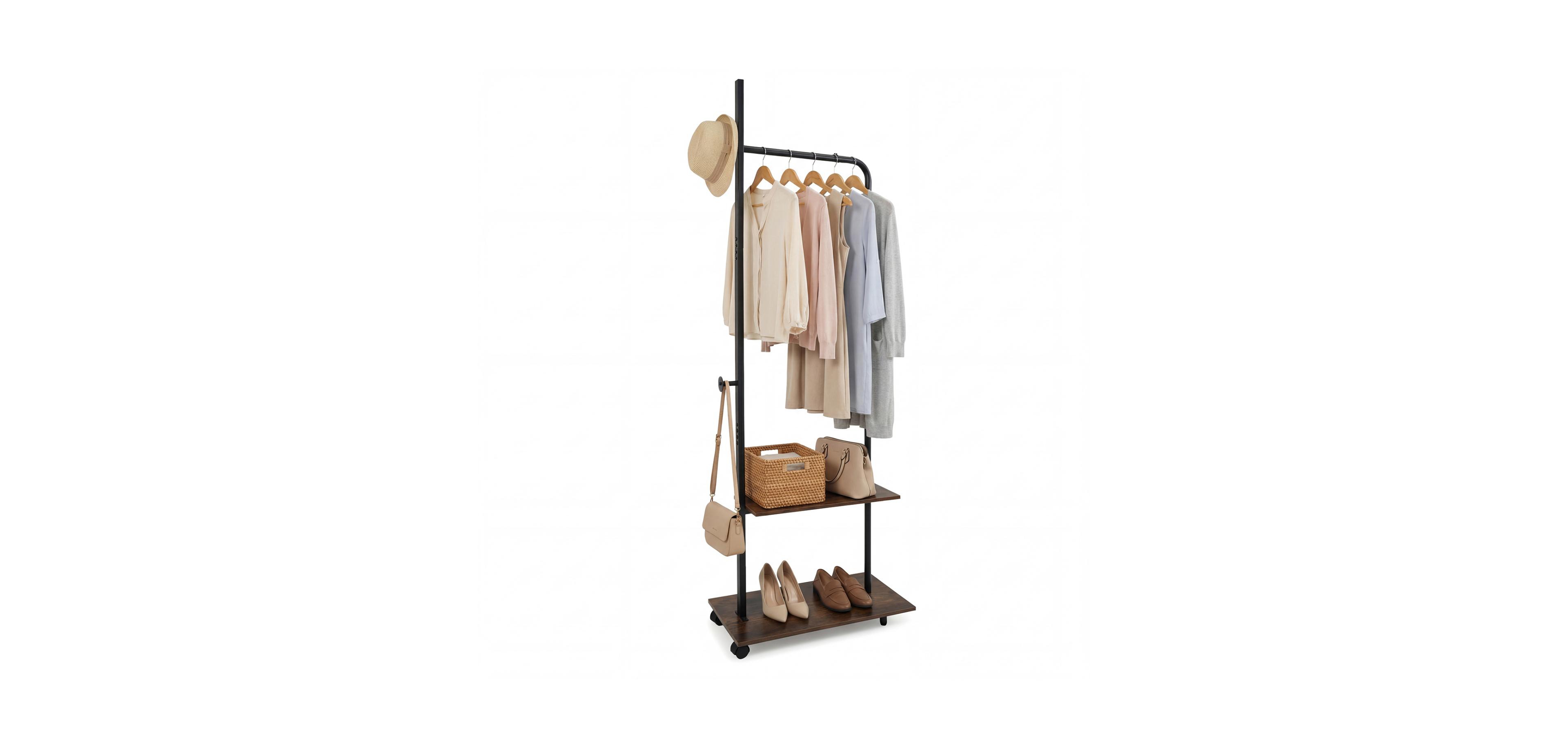 Mecale Freestanding Clothing Rack with Wheels and Storage Shelves for Entryway and Bedroom Rustic