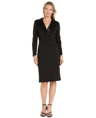 Women's Long-Sleeve V-Neck Scuba Tuxedo Dress