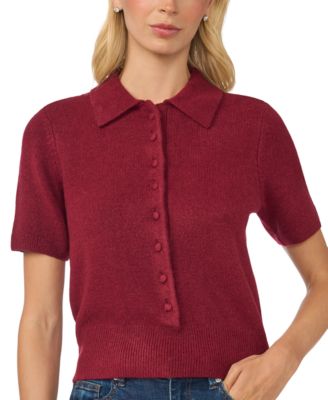 Women's Short-Sleeve Button-Front Collared Sweater