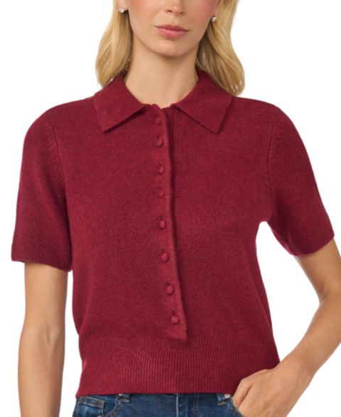 Женский свитер CeCe Short-Sleeve Button-Front Collared, цвет: Глубокий мерло