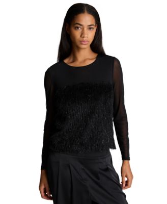Women's Mesh and Lurex Fringe Long-Sleeve Pullover