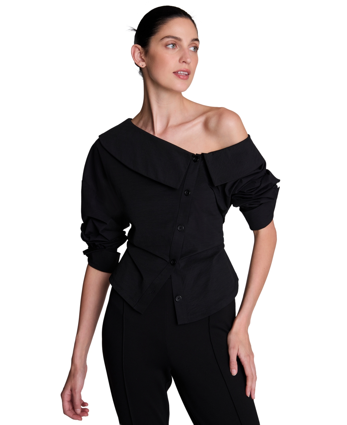 Kenneth Cole Women's Asymmetric Off-the-Shoulder Button-Down Blouse - Black