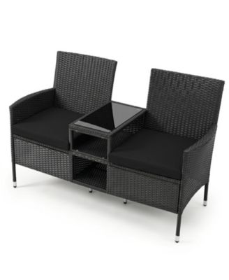 PE Rattan Patio Loveseat with Built-In Glass Side Table