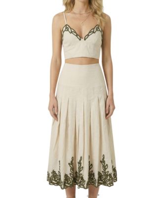 Women's Embroidered Pleated High-Waisted Crop Top and Midi Skirt, 2-Piece Set