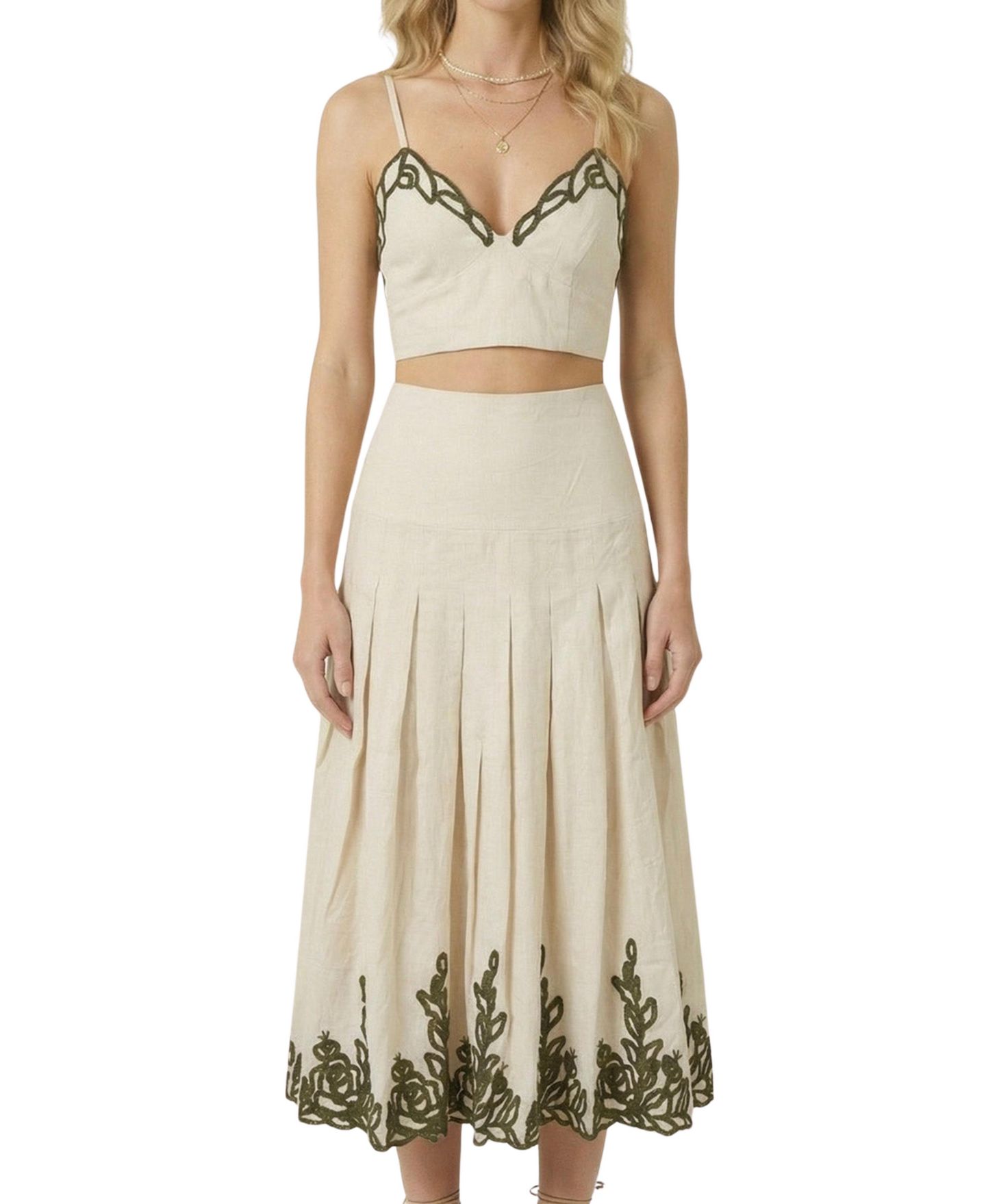 Женский комплект Modenaire Embroidered Pleated High-Waisted Crop Top and Midi Skirt, 2-Piece Set, цвет: Кремовый — фото 1