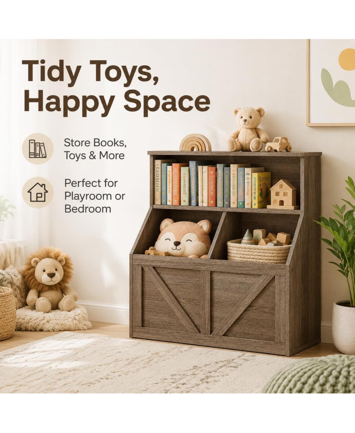 Gaomon Kids Toy Storage Organizer and Bookshelf, Farmhouse Wood Cabinet with Open Cubbies Bins, Anti-Tip Safety Design