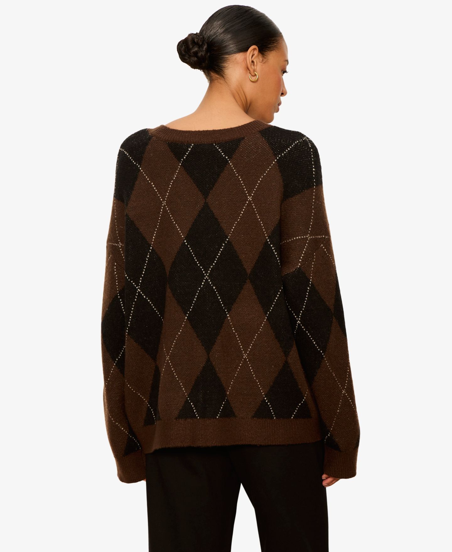 Женский свитер Sanctuary Argyle Crew Long-Sleeve Pullover, цвет: Тёмно-коричневый с ромбами — фото 3